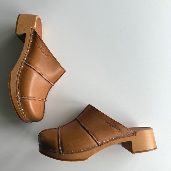 Swedish Hasbeens NWOB Rough Stitched Natural Tan Wood Heel Mule